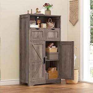 WEENFON Storage Cabinet with Adjustable Shelf & 2 Barn Doors, Bathroom Cabinet with Drawers, Standing Cupboard, Floor Cabinet for Living Room, Home Office, Rustic Oak WEENFON Storage Cabinet with Adjustable Shelf 2 Barn Doors Bathroom Cabinet with Drawers Standing Cupboard Floor Cabinet for Living Room Home Office Rustic Oak