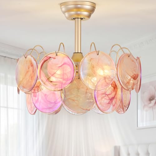 Bexilyny 20 Gold Crystal Fandelier Ceiling Fans with Lights Gold Flower Chandelier Ceiling Fan with Light Remote Control Caged Fancy with 6 Speeds for Girls Bedroom Living Room Nursery (Pink)
