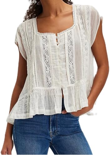 Women’s Tie Front Ruffle Boho Tops Flowy Sheer Short Sleeve Lace Blouse Y2k Embroidered Babydoll Button Down Shirts
