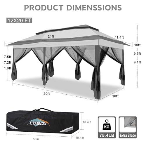 Image of COBIZI 12x20 Pop up Canopy Tent - Gazebo, Party Tents for Parties, Carpas para Fiestas, Large Outdoor Popup Patio Screened Gazebos, Shelter Tents with Net for Backyard, Commercial,Darkgrey