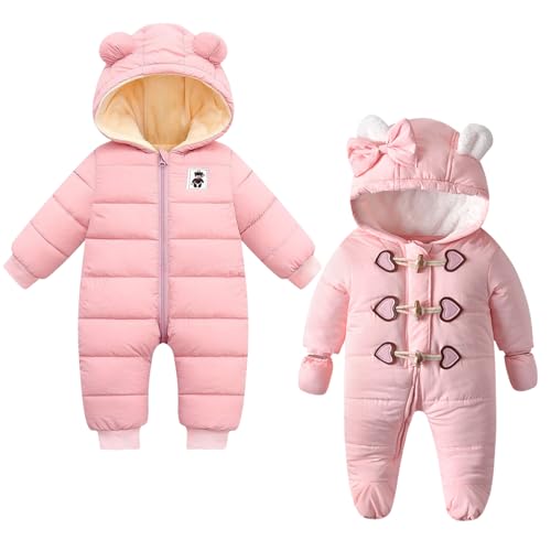 Image of BYFRI Newborn Winter Coat (Pink, 0-6Months) & Newborn Baby Snowsuit with Gloves (Pink, 0-3Months)