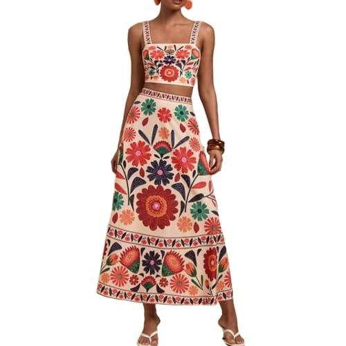 REASERAL Womens Printed Skirt Outfits Floral Halter Crop Top A