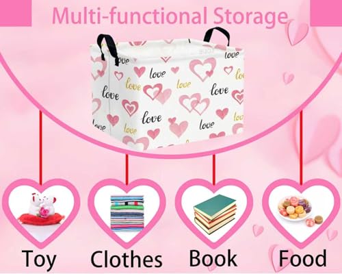 Image of Valentines Day Basket for Kids Heart Shaped Empty Storage Bins for Gifts with Handles Room Decor (Pink Double Love Golden LOVE)