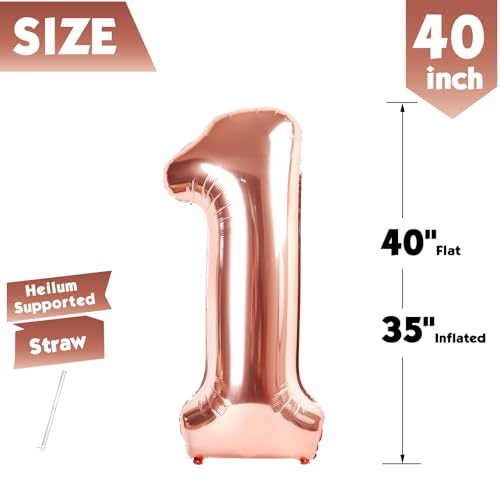 Image of 40 In Rose Gold Number 1 Balloon, 1st Birthday Party Decorations for Women | 40 Inch Rose Gold inflatable foil number balloons, large birthday decorations for 1st birthday