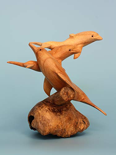 G6 Collection Wooden Hand Carved Dolphin Statue Sculpture Wood Decorative Home Decor Accent Figurine Handcrafted Handmade Seaside Tropical Nautical Ocean Coastal Decoration (3 Dolphins) #TOP4