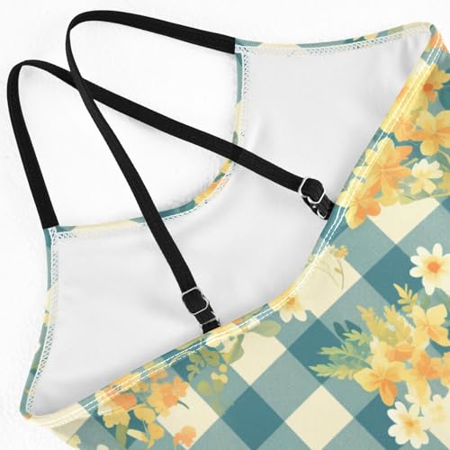 Flowers Dark Blue Gingham Girl Toddler Swimsuit Bathing Suits Swim Suit for Girls Beach Swimwear 3T4