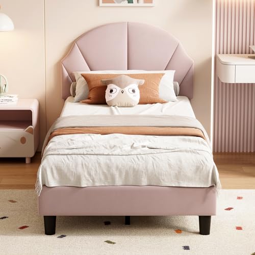 HFASD Cama infantil acolchada 90 x 200 cm, cama de niña con cabecera ajustable en altura, camas de 1 plaza para niños, adolescentes, terciopelo, sin colchón (rosa)