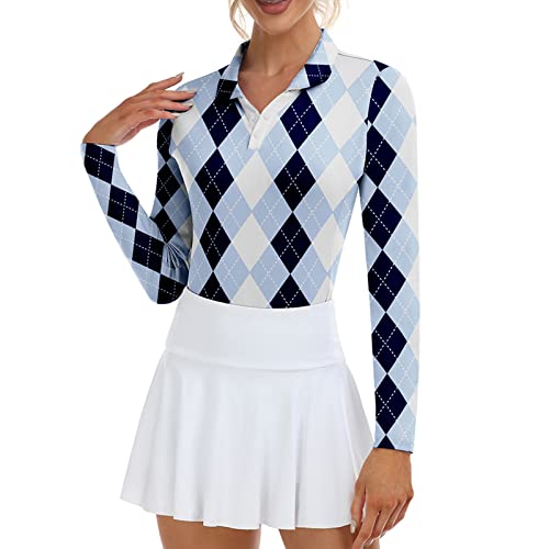 Soneven Women'S Long Sleeve V-Neck Golf Polo Shirt, Argyle Blue, Fitted