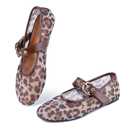 Leopard Mesh Flats for Women Round Toe Mary Jane Ballet Flats Buckle Strap Slip On Casual Breathable Ballerina Shoes2