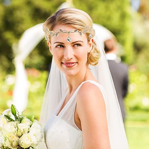 Larfraecy Goddess Tiara Elf Princess Crown Tiara for Women Girls Crystal Rhinestone Wedding Head Band Forehead Headpiece for Bride Bridesmaid Princess Crown Headband Tiara for Wedding