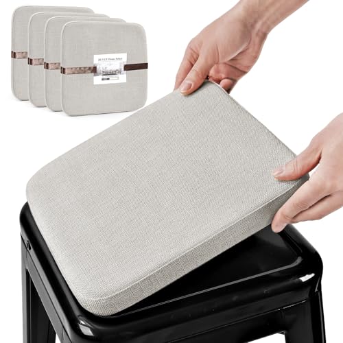 Image of BUYUE Friendly Woven Fabric Magnetic Bar Stool Cushions Set of 4, Enhanced Anti-Slip Breathable Small Chair Seat Pads for Cafe Bistro Stackable Metal Stools (Square, Light Grey, 4 Counts)