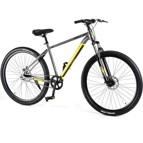 Image of FitTrip Scrambler 27.5T | Single Speed Without Gear MTB Cycle for Men | QC Tested Steel Alloy Frame | Zero Maintenance | Hartex Tyres | Unisex | Fully Fitted (LiquidMetal-Yellow) (Size : M)