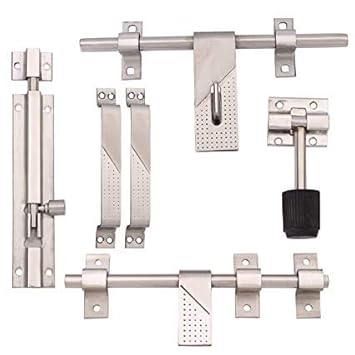 Door Fittings Kit, S.S. Door Accessories Kit, 3 mm Stainless Steel Door Kit Set (1 Door Aldrop, 1 Door Latch, 2 Handles, 1 Tower Bolt and 1 Door Stopper) (20-20)