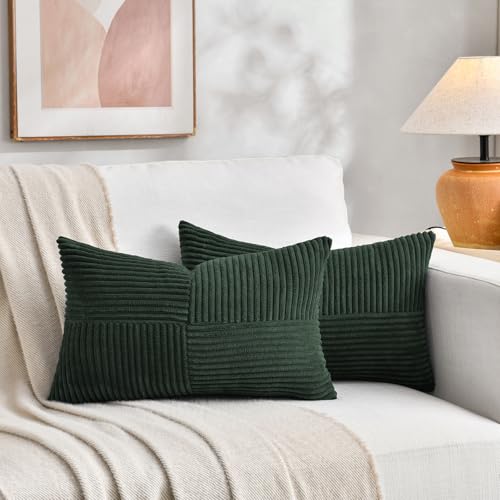 Image of Fancy Homi 2 Packs Dark Green Lumbar Decorative Throw Pillow Covers 16x26 Inch for Living Room Couch Bed, Rustic Farmhouse Boho Home Decor, Soft Striped Corduroy Rectangle Accent Cushion Case 65x40 cm