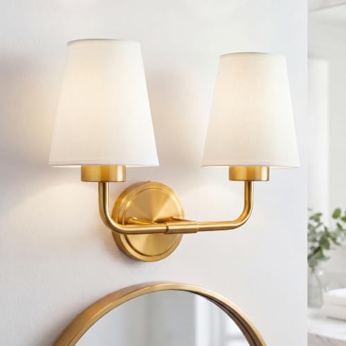 Image of Brushed Gold Bathroom Light Fixtures with White Fabric Shades | 2-light vanity light for bathroom hallway bedroom stairway, modern double wall sconces, AD-25052-2W-GD