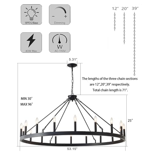 ZBMYRBZJ 53 Inch Large Black Wagon Wheel Chandelier 18-Light Farmhouse Wagon Wheel Chandeliers Round Industrial Ceiling Light fixtures for Outdoor Porch high Ceilings Living Dining Room Foyer Entryway by ZBMYRBZJ - Used condition - Image 6