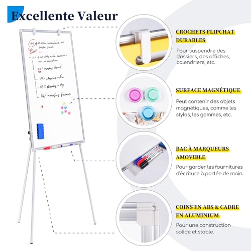 maxtek ​Flipchart Ständer Whiteboard, 90X60cm Magnetisches Tragbares Trocken Abwischbar White Board, Höhenverstellbar, Haken Verschieben Flipchart Papier, Dreibein Whiteboards mit Ständer