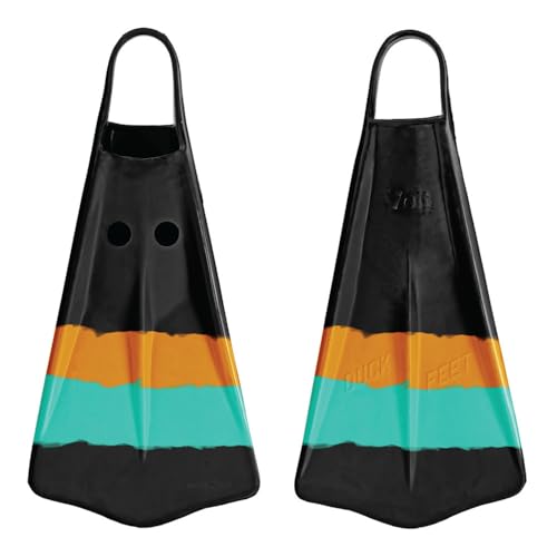 Voit Duck Feet Swim Fins - Full-Floating Rubber Design for Maximum Propulsion & All-Day Comfort - Versatile Training Swim Fins for Snorkeling, Surfing & More - Black, Orange & Teal - Size L (7-8)
