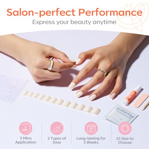 Modelones 30Pcs Press on Nails, Short Square Fake Nails, Reusable Nail Kit with Nail Glue Adhesive Tabs Mini Nail File, Nails press ons 15 Sizes, Glue on Nails DIY Home Salon Manicure for Women