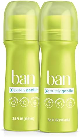 Ban Roll-On Antiperspirant Deodorant for Women and Men, Purely Gentle, for Sensitive Skin, Unscented, No White Residue, Non-Irritating, 24 Hour Odor and Wetness Protection, 3.5 oz (Pack of 2)