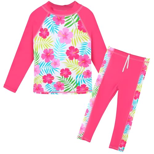 BAOHULU Two Piece Girls Swimsuit Long Sleeve Rash Guard Pink Flower 9-10Y