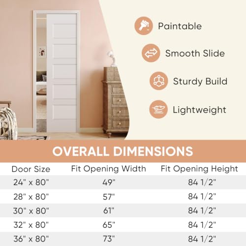 Image of BARNSMITH 32in x 80in Sliding Pocket Door, Track Hardware and Frame Kits with 5-Panel White Paintable Door Slab Included, Soft Close Mechanism, Durable and Smooth