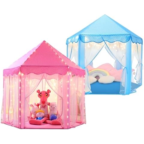 Save 18% Monobeach Pink Princess Tent & Blue Princess Tent Girls Large Playhouse Kids Castle Play Tent with Star Lights Cover