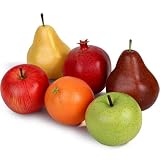 Paquet : Vous recevrez 6 pièces de fruits artificiels réalistes, 4 types de fruits différents, y compris des pommes artificielles colorées et des fausses poires, un morceau de grenade réaliste et une orange simulée, veuillez noter que : nos ensembles de fruits artificiels ne contiennent que des faux fruits.