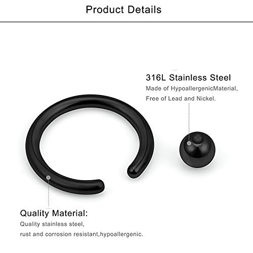 Lcolyoli 316L Surgical Steel Captive Bead Ring Spring Action Bcr Monster Screwball Rings Pa Nipple Tragus Cartilage Septum Piercing Jewelry 20G 16G 14G 12G 8G 6G Black #TOP1