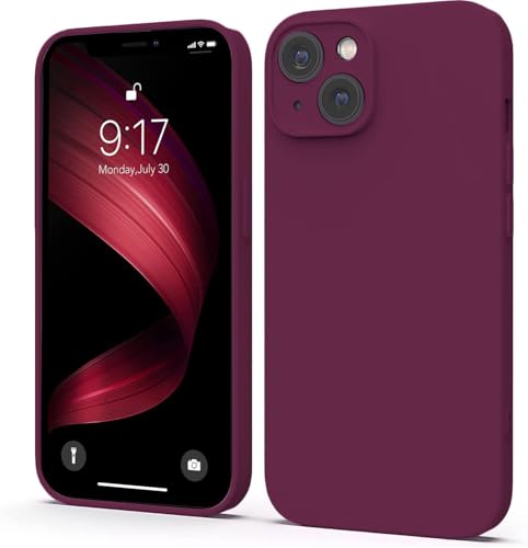 Image of Elzzi Microfiber Square Candy Case Compatible for iPhone 14, Shockproof Slim Back Cover Liquid Silicone Case - Wine RED