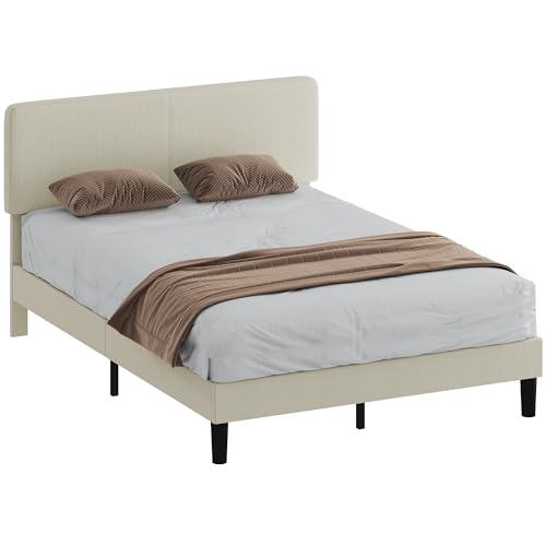 HOMCOM Somier 160x200 cm con Cabecero Ajustable, Estructura de Cama, Tapizado en Pana, Láminas de Madera, Fácil de Montar, Gris Claro