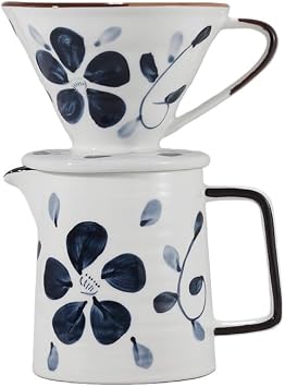 V60 Ceramic Coffee Dripper, Hand Painted Japanese Filter Cup, Conical European Retro, Heat Resistant Pottery, Dishwasher Safe, Microwave Safe, Oven Safe, Gear Hole Design, Blue and White