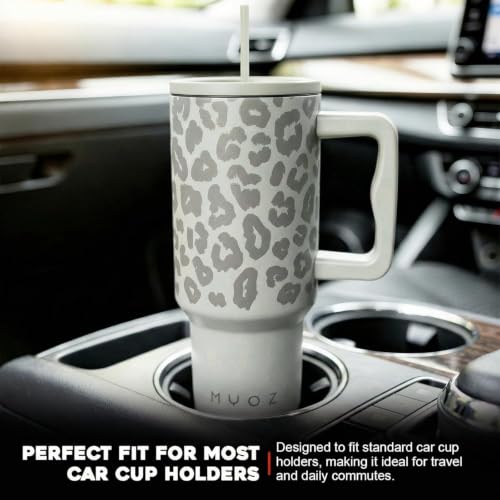 Image of MYOZ 1200ML Stainless Steel Water Mug with Handle, Lid, 2 Straws Leak-Proof Cupholder Tumbler for Gym, Travelling- Spill-Proof 40 oz Bottle (Beige Leopard)