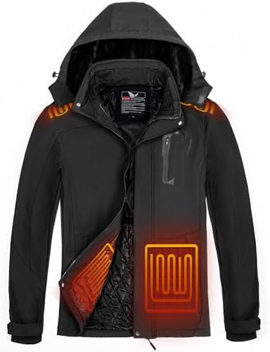 dark rescue Heated Jacket for Men, 6 Heat Zones Winter Mens Heated Jacket, with Detachable Hood Soft Shell Heating Coat