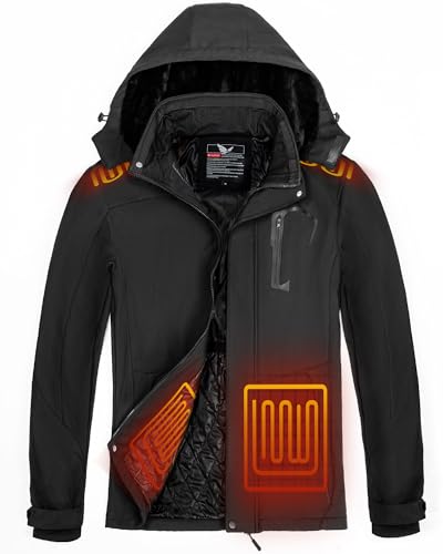 dark rescue Heated Jacket for Men 6 Heat Zones Winter Mens Heated Jacket with Detachable Hood Soft Shell Heating Coat