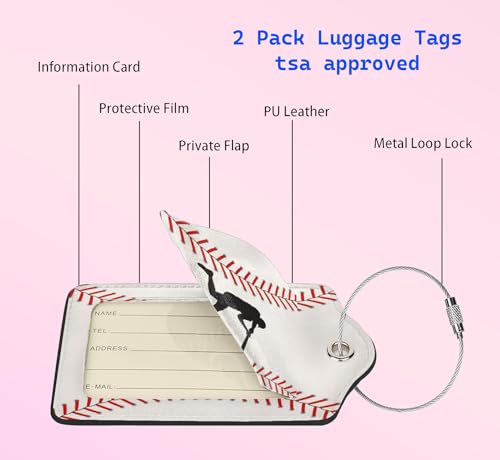 2 Pcs PU Leather Travel Name ID Tags - Baseball Luggage Tags with Full-Width Design, Stainless Steel Loop, Address Card for Luggage3