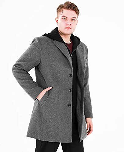 Image of Lisskolo Men's Wool Blend Overcoat with Detachable Hooded Trench Coat Hip Length