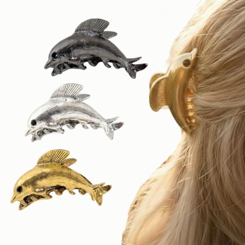 Image of Radhu & Kabby Dolphin Hair Claw Clip | Black, Silver & Gold Metal Claw Clip for Women & Girls | Strong Grip Stylish Dolphin Shape Hair Accessories | Pack of 3