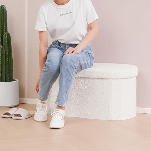 Image of B FSOBEIIALEO Ottoman with Storage for Living Room, Sherpa Folding Storage Ottoman Foot Rest, 30 Inches Collapsible Bedroom Bench White Cream
