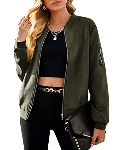 Zeagoo Women Biker Moto Jacket Casual Zip Up Bomber Coat Faux Suede Jacket Outwear Army Green Medium #TOP25