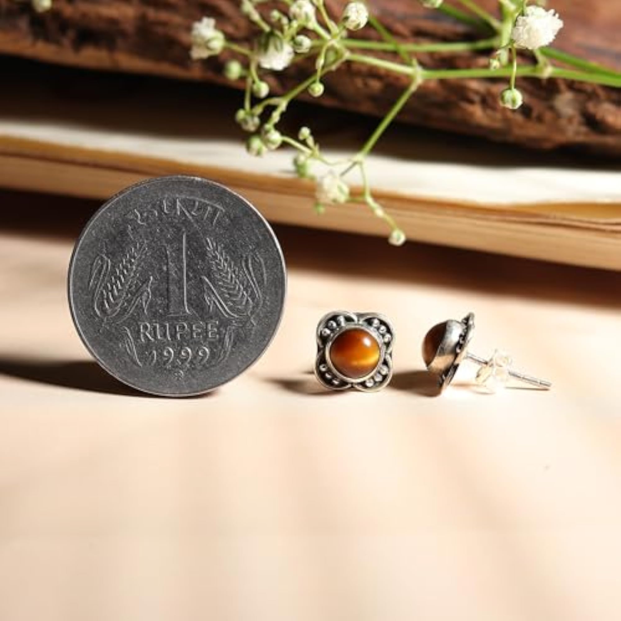 Men's Tiger's Eye Stud Earrings, Natural Gemstone