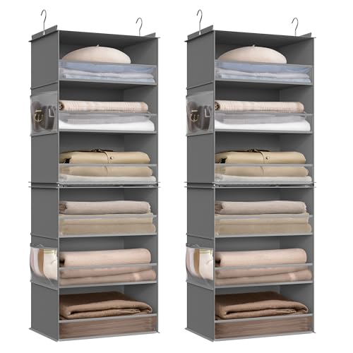 SONGMICS Set of 2 Hanging Closet Organizers, 6-Tier Fabric Storage Shelf, Separable Closet Hanging Shelf with Side Pockets, Foldable, Metal Hooks and