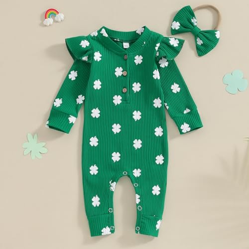 Lamuusaa Newborn Baby Girl St. Patricks Day Outfit Ruffle Ribbed Romper Shirts Four Leaf Clover Jumpsuit Headband2