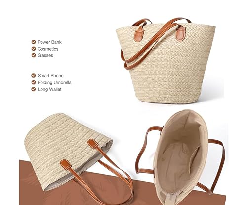 Straw Beach Handbag Super-Large Joker Shoulder Bag, Suitable for Travel, Beach Dinners and Gifts for Mom, Teachers Friends (Beige)2