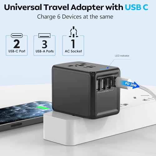 Image of JMFONE 35W PD Universal Travel Adapter, Fast Charging International Power Plug Adapter with 3*USB-A & 2*USB-C Ports and Multi AC Sockets, All-in-one Travel Outlet Conversion Plugs for 200+ Countries