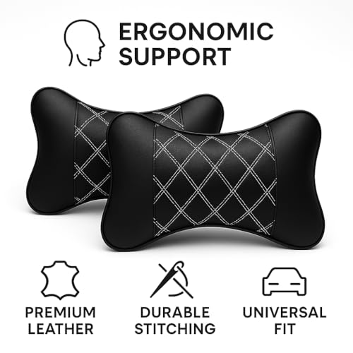 Image of Leather Soft car Neck Pillow for Travel, Travel Micro Fiber Rest Pillow /Cushion Set of Pillows Compatible with All Cars - Pack of 2 Pieces (White Leather)