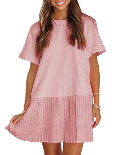 Image of EXLURA Womens Summer Casual Short Sleeve Dress Crewneck Tshirt Dresses Pleated Aline Mini Dress 2025 Vacation Beach Sundress