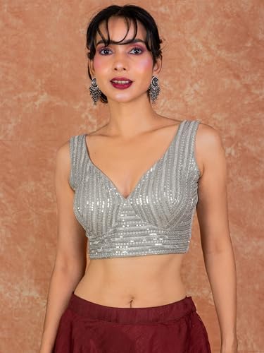 Image of FIGURE'S DESIGNER Women's Sequin Embroidered SabyaSachi Cut Sweetheart V Neck Sleeveless Readymade Saree Blouse E30