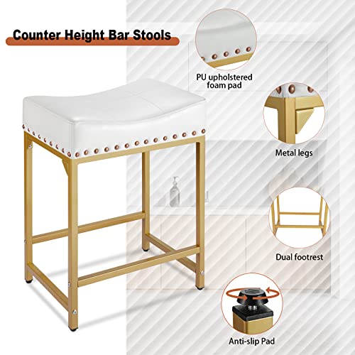 Flyzc Bar Stools Set Of 4 Counter Height, 24" Modern White & Gold Counter Stools Set Of 4, Stools For Kitchen Counter, Modern White Barstools Saddle Stool Backless Island Chairs (White+Gold) #TOP4