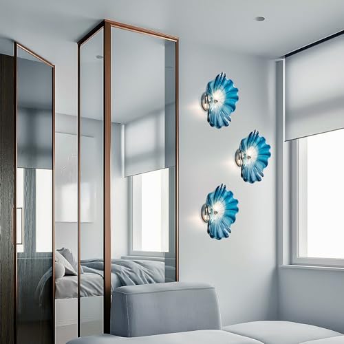 Image of Blue Glass Wall Light Dia 12 inch Wall Lamp with Murano Glass Shade Vintage Vanity Lighting Fixture with Metal Base Flush Mount Wall Sconce 2-Light for Bathroom, Bedroom, Bedside, Entryway